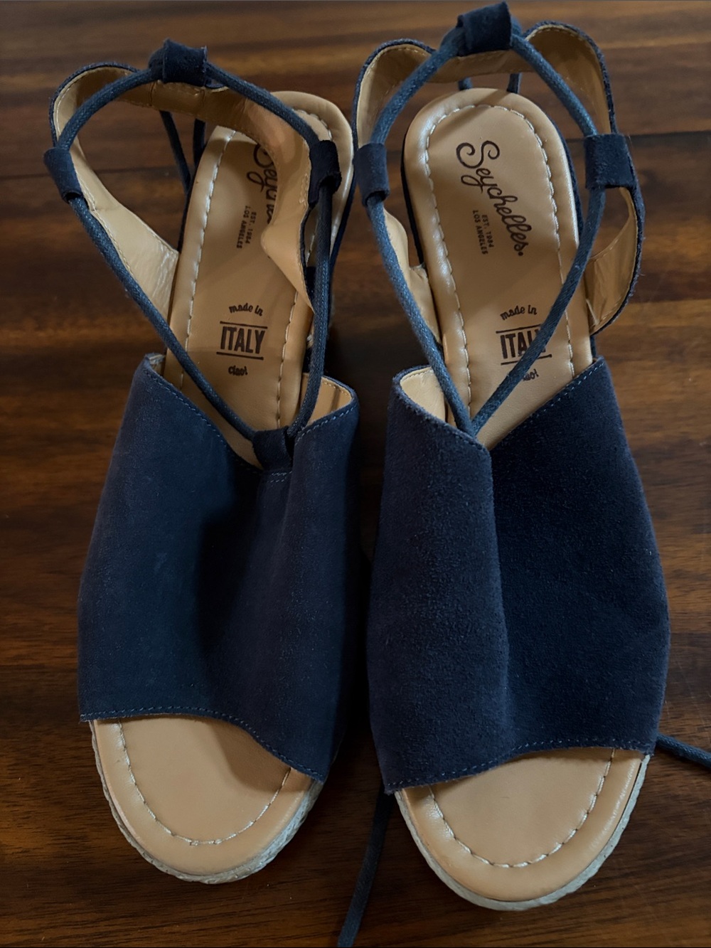 Seychelles Navy Suede Open-Peek Wedge Sandals with Ankle Ties